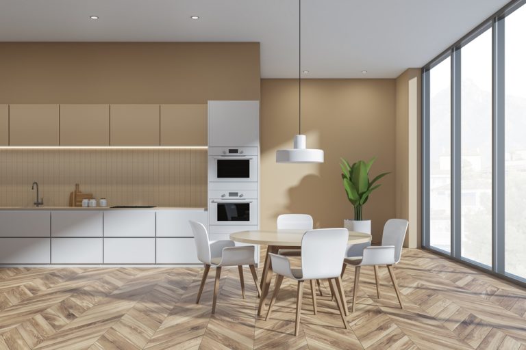 Light,Kitchen,Set,With,Wooden,Dining,Table,And,Four,White